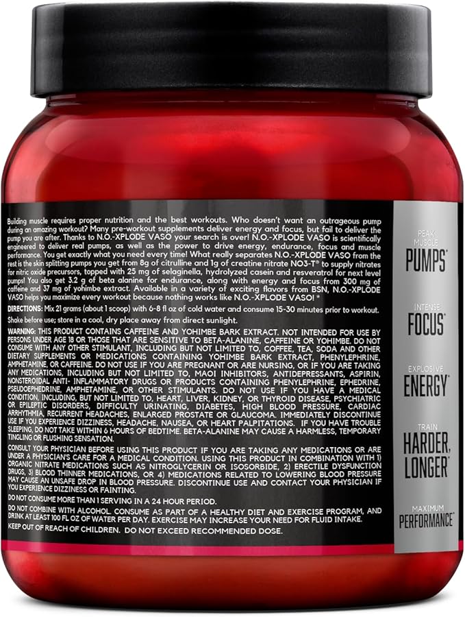 BSN N.O.-XPLODE Vaso Pre Workout Powder with 8g of L-Citrulline and 3.2g Beta-Alanine and Energy, Flavor: Cherry Bomb, 24 Servings