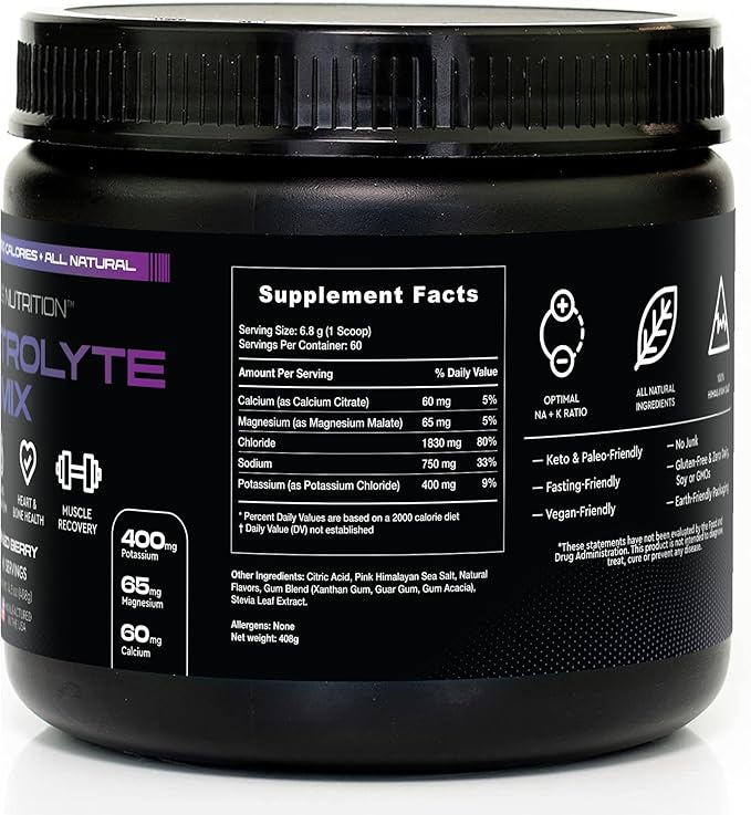 Electrolytes Powder No Sugar- Zero Calorie Hydration Powder | Sugar Free Electrolytes for Fasting, Keto & Vegan | Natural Ingredients Electrolyte Mix for Energy Boost, 60 Servings