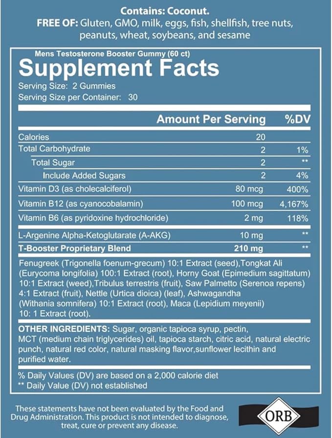 4YWN Testosterone Booster Gummies Supplement for Men, Boosting Muscle Growth, Stamina and Performance with Tongkat Ali, Horny Goat Weed, Tribulus Terrestris, Fenugreek, & Maca (60 Count (Pack of 1))