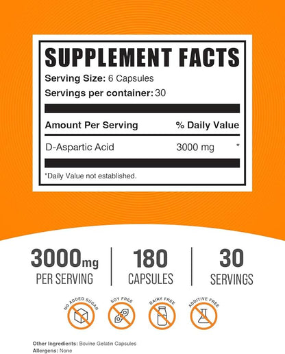 BulkSupplements.com D-Aspartic Acid Capsules - DAA Supplement for Men & Women, D-Aspartic Acid 3000mg - Unflavored & Soy Free, 6 Capsules per Serving, 180 Capsules (Pack of 1)