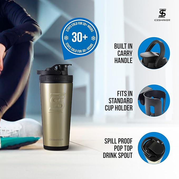 Ice Shaker Insulated Stainless Steel Shaker Bottle | 26oz, Gold | Cold for 30+ Hours | Insulated Cup with Twist-on Agitator | Odor-Free Shaker Cup for Protein Shakes, Water, Smoothies, Cocktails