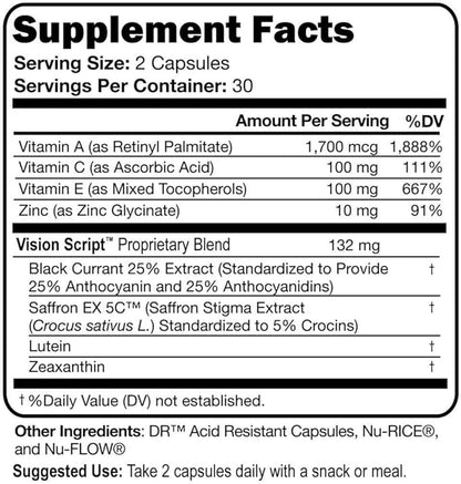 Vision Script with Saffron for Macular, and Retinal Eye Health 60 Servings- Each Capsule Contains Saffron, Black Currant, Lutein, Zeaxanthin, Vitamin C and E, and Zinc Glycinate.