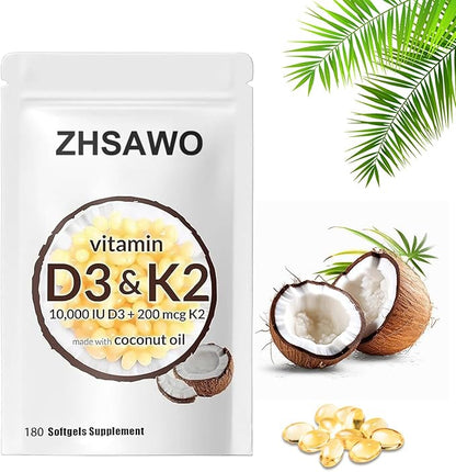 2-in-1 Vitamin D3 K2 Supplement Softgel，D3 K2 Vitamin 10000 iu Aiding in Calcium Absorption (180pcs)