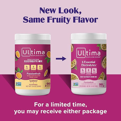 Ultima Replenisher Daily Electrolyte Drink Mix – Passionfruit, 90 Servings – Hydration Powder with 6 Key Electrolytes & Trace Minerals – Keto Friendly, Non- GMO & Sugar-Free Electrolyte Powder