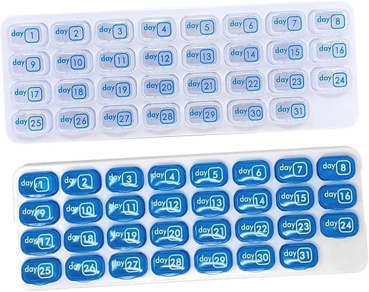AM/PM 31 Day Monthly Pill Organizer Holder with Removable Medication Pods and Bonus Medical Alert Card - Blue for Morning & Grey for Evening (Clear & Blue)