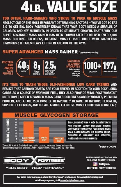 Body Fortress Super Advanced Mass Gainer, Chocolate Protein Plus Surplus Calories for Muscle Mass Gain Support 1-4lb. Jar