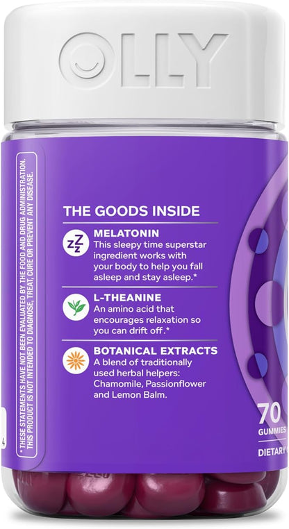 OLLY Sleep Gummy, Occasional Sleep Support, 3 mg Melatonin, L-Theanine, Chamomile, Lemon Balm, Sleep Aid, Blackberry - 70 Count