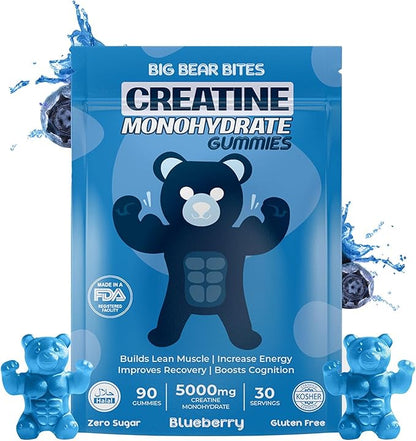 Creatine Monohydrate Gummies for Men & Women | 5000mg of Creatine Gummies per Serving | Sugar Free Gummies, Gluten Free & Halal | Pack of 90 Pre Workout Gummies for Muscle Recovery | Blueberry Flavor