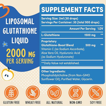 2000MG Liposomal Glutathione Liquid, 98% Absorption, Glutathione Liquid Supplement, Active Form L- Glutathione, Powerful Antioxidant Non-GMO for Immune System, Aging Defense, Detox, 16 FL.OZ