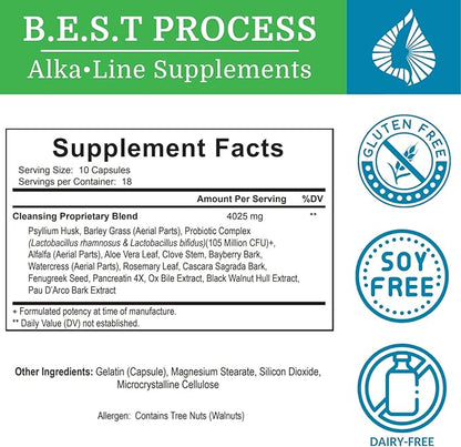 Alka•Cleanse (3 Pack) Best Process Alkaline — Herbal Detox Colon Cleanse & Digestive Distress Formula — Psyllium Husk, Probiotics, Enzymes & Herbs