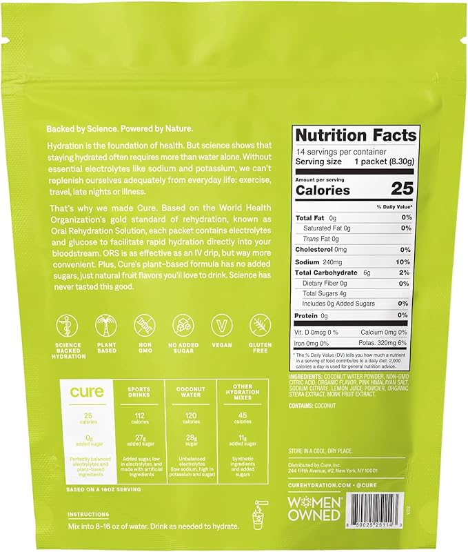 Cure Hydrating Plant Based Electrolyte Mix | Powder for Dehydration Relief | Made with Coconut Water | Non-GMO | No Added Sugar | FSA & HSA | Vegan | Gluten Free | Pouch of 14 Packets - Lime