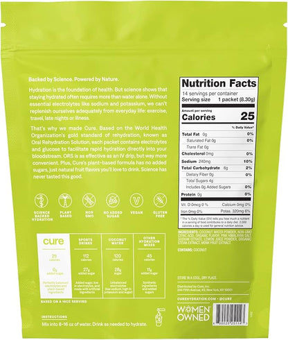 Cure Hydrating Plant Based Electrolyte Mix | Powder for Dehydration Relief | Made with Coconut Water | Non-GMO | No Added Sugar | FSA & HSA | Vegan | Gluten Free | Pouch of 14 Packets - Lime