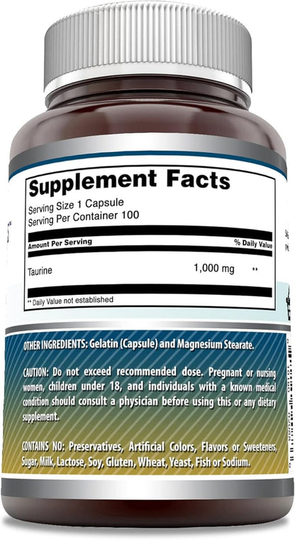 Amazing Formulas Taurine Amino Acid Supplement | 1000 Mg per Serving | 100 Capsules | Non-GMO | Gluten-Free | Made in USA