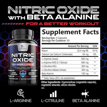 Extra Strength Nitric Oxide Supplement L Arginine 3X Strength - Citrulline Malate, AAKG, Beta Alanine - Premium Muscle Supporting Nitric Oxide Booster for Strength & Energy Supplements - 180 Capsules