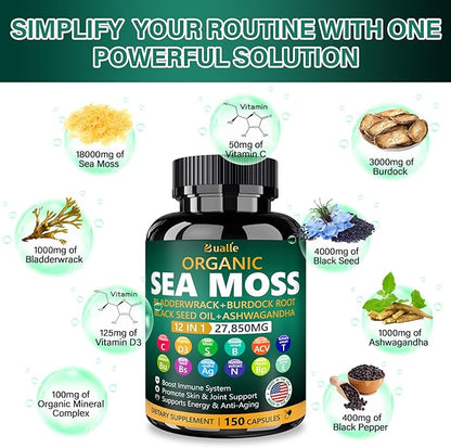 Organic Sea Moss Capsules 27,850mg with Sea Moss,Black Seed Oil,Ashwagandha,Bladderwrack,Ginger,Burdock Root for Immune System,Skin,Energy Support-USA Made (150 Capsules)