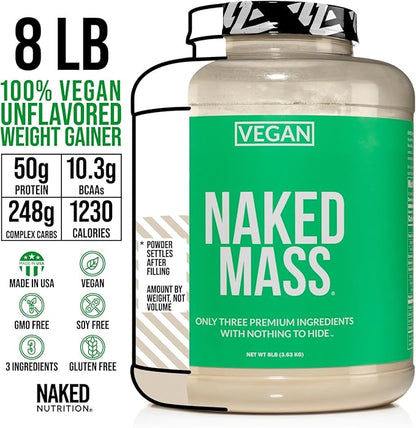 Naked Vegan Mass - Natural Vegan Weight Gainer Protein Powder - 8Lb Bulk, GMO Free, Gluten Free, Soy Free & Dairy Free. No Artificial Ingredients - 1,230 Calories - 11 Servings