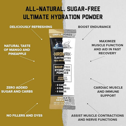 HRDWRK Electrolytes Powder Packets with Magnesium, Potassium Sodium, Keto Hydration Packets - BCAA Electrolyte Powder Packets with Glutamine, 30 Electrolytes Powder Packets Sugar Free (Unflavored)