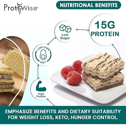 ProtiWise High Protein Wafers | Chocolate | 15g Protein Per Serving, Low Carb, Low Sugar, High Fiber Snack | Gluten-Free, Keto-Friendly Diet for Hunger Control & Weight Loss | 5/Box