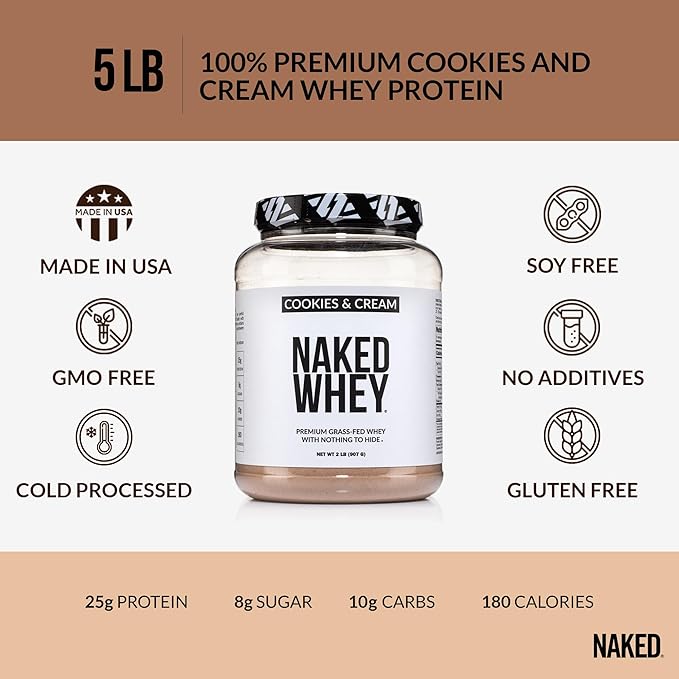 Naked Whey Cookies and Cream Protein Powder - Grass Fed Whey Protein Powder, Non-GMO, No Soy, and Gluten Free - 52 Servings
