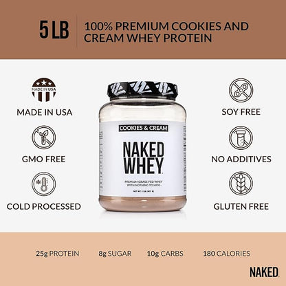 Naked Whey Cookies and Cream Protein Powder - Grass Fed Whey Protein Powder, Non-GMO, No Soy, and Gluten Free - 52 Servings