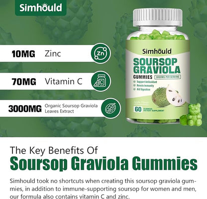 2 Pack Soursop Graviola Gummies - 3000mg Extra Strength Soursop Leaves Supplement with Vitamin C, Zinc - Digestive Aid, Immune Support & Antioxidant - Sugar-Free, Non-GMO, Vegan, 120 Counts