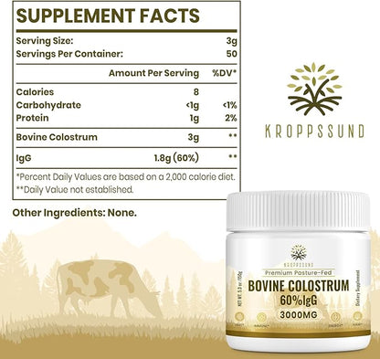 Kroppssund Bovine Colostrum Powder Supplement 3000 mg - Extra High 60% IgG Bovine Colostrum - Gut, Bone, Exercise, Immune - 50 Servings (1 Bottle)