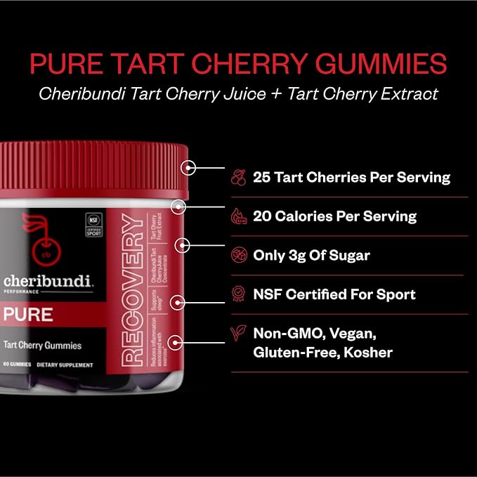 Cheribundi 100% Tart Cherry Gummies Pure Performance for Maximum Recovery with 25 Tart Cherries & 20 Calories per Serving - Powerful Antioxidant, Non-GMO, Gluten Free, Vegan - 60 Count (30 Servings)