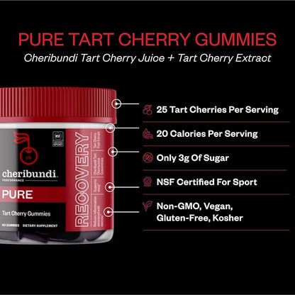 Cheribundi 100% Tart Cherry Gummies Pure Performance for Maximum Recovery with 25 Tart Cherries & 20 Calories per Serving - Powerful Antioxidant, Non-GMO, Gluten Free, Vegan - 60 Count (30 Servings)