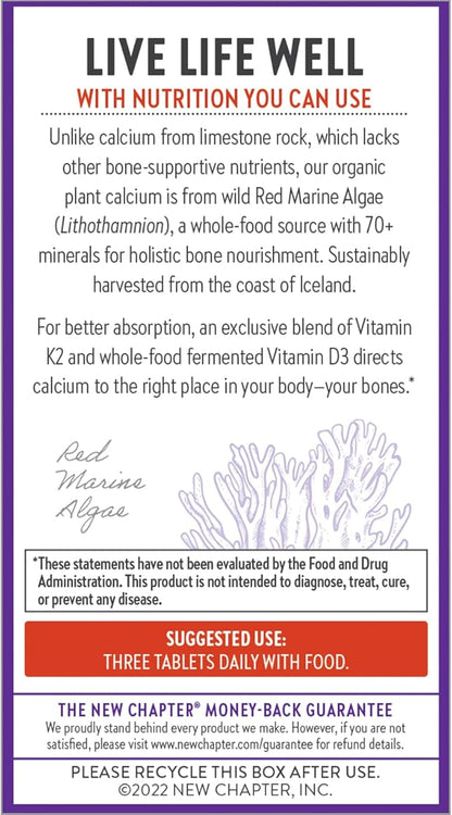 New Chapter Calcium Supplement - Bone Strength Organic Calcium with Magnesium, Vitamin D3+K2, 70+ Trace Minerals for Bone Health, Gluten Free, Easy to Swallow Slim Calcium Tablets - 120 Count