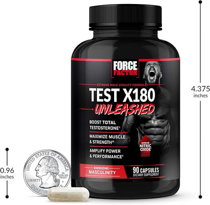 FORCE FACTOR Test X180 Unleashed Testosterone Booster for Men to Build Muscle, Increase Strength, and Improve Performance, Testosterone Supplement for Men’s Health, 90 Capsules