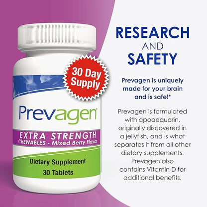 Prevagen Extra Strength 20mg, 30 Chewables|Mixed Berry-2 Pack|with Apoaequorin & Vitamin D with Attractive and Stackable Prevagen Storage Box