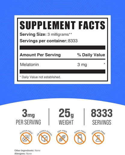 BulkSupplements.com Melatonin Powder - Sleep Supplement, Melatonin for Adults, Melatonin 3 mg - Vegan Melatonin, Pure & Gluten Free, 3mg per Serving, 25g (0.88 oz) (Pack of 1)