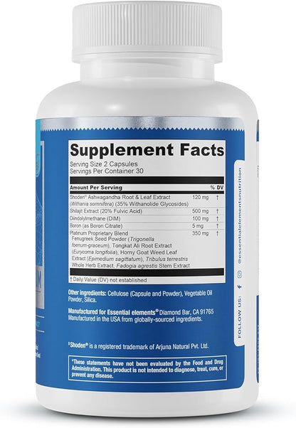 Essential Elements T-Hero Platinum Male Health Supplement for Mens Health - Muscle Growth Support & T-Health with Shoden Ashwagandha, Shilajit, DIM & More - Gym Supplements for Men - 60 Caps