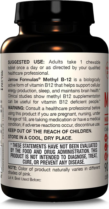 Jarrow Formulas Maximum Strength Methyl B-12 5000 mcg - Dietary Supplement - 90 Cherry Flavored Chewable Tablets - Bioactive Vitamin B-12 - Supports Cellular Energy Production, Sleep & Brain Health