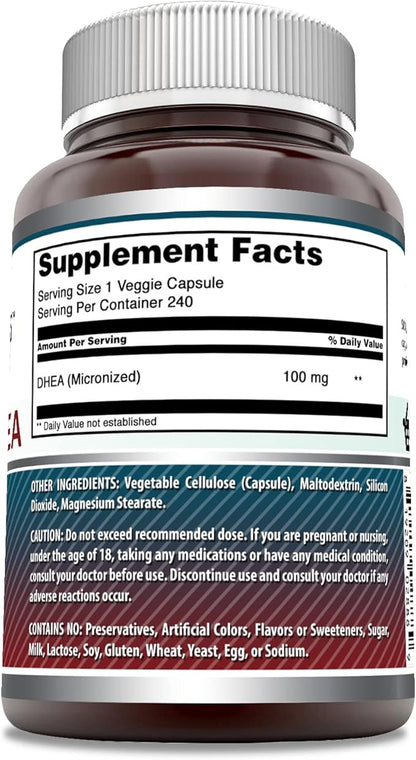 Amazing Formulas Micronized DHEA Supplement | 100 Mg Per Serving | Veggie Capsules| Non-GMO | Gluten Free | Made in USA (1 Pack, 240 Count)
