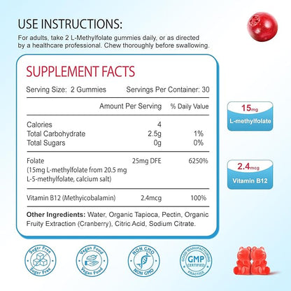 2 Pack L-Methylfolate 15mg Gummies, Methylated Multivitamin with Methylated B12, Active 5-MTHF Form, Supports MTHFR Mutation, Methylation, Mood & Cognition, Vegan, Cranberry Flavor, 120 Cts