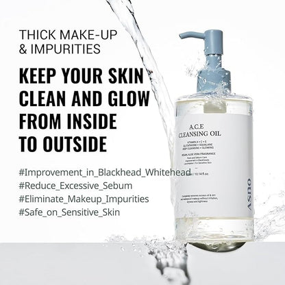 ASNO Multi-Vitamin A.C.E Cleansing Oil 300ml Blackhead Whitehead Sebum Pore Care Vitamin A C E Glutathione Aloe vera Squalane Centella Asiatica 6-types of Vegan oils