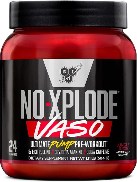 BSN N.O.-XPLODE Vaso Pre Workout Powder with 8g of L-Citrulline and 3.2g Beta-Alanine and Energy, Flavor: Jungle Juice, 24 Servings
