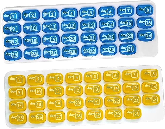 AM/PM 31 Day Monthly Pill Organizer Holder with Removable Medication Pods and Bonus Medical Alert Card - Blue for Morning & Grey for Evening (Blue & Yellow)
