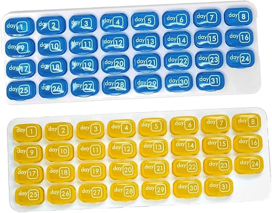 AM/PM 31 Day Monthly Pill Organizer Holder with Removable Medication Pods and Bonus Medical Alert Card - Blue for Morning & Grey for Evening (Blue & Yellow)