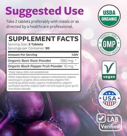 Organic Beet Root Powder Tablets - Extra Strength Beet Supplement with Black Pepper Extract for Enhanced Absorption to Support Heart Health Nitric Oxide Production & Athletic Performance (3 Months)