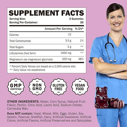 L Glutamine 1000mg Gummies - Muscle Relief & Immune Support, Amino Acid Supplement with Magnesium Glycinate, Vegan & Non-GMO, Gluten Free (60 Count)