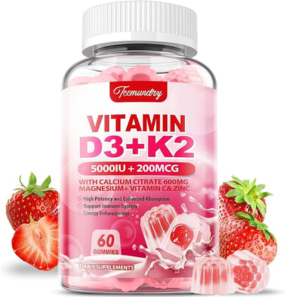 Vitamin D3 K2 Supplement for Adults - Vitamin D3 5000 IU + K2 200 mcg - VIT D3 K2 Gummies with Calcium 600mg Magnesium Zinc & Vitamin C for Women Men - Supports B0ne, Muscle Immune