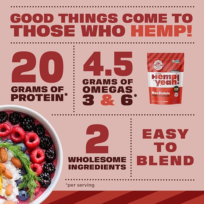 Manitoba Harvest Hemp Yeah! Organic Max Protein Powder, Unsweetened, 32oz; with 20g Protein and 4.5g Omegas 3&6 per Serving, Keto-Friendly, Preservative Free, Non-GMO, Packaging May Vary