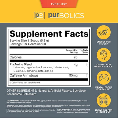 Aminos + Energy | Supports Recovery, Energy & Focus | 95mg of Caffeine, 0 Sugar & 60 Servings (Punch Out)