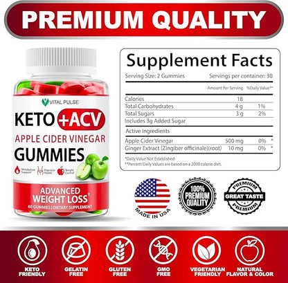 Keto Apple Cider Vinegar Gummies - Immune Boosting, Digestive Aid - 100% Natural, Non-GMO, Gluten-Free, Made in The USA