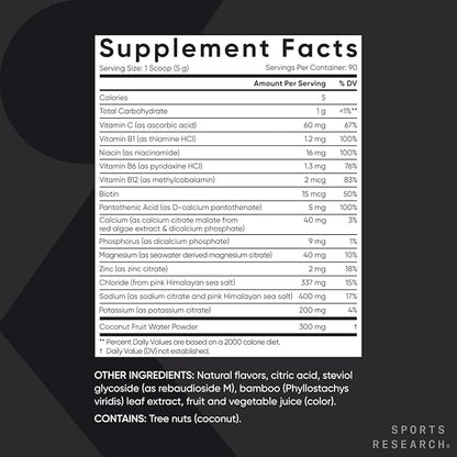 Sports Research Hydrate Electrolytes Powder - Sugar-Free & Naturally Flavored with Vitamins, Minerals, and Coconut Water - Supports Hydration - Cherry Pomegranate