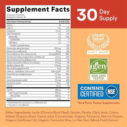 SmartyPants Kids Multivitamin Gummies and Fiber Supplement: Omega 3 Fish Oil (EPA/DHA), Vitamin D3, C, Vitamin B12, B6, Vitamin A, Zinc, Fiber Gummies, Three Fruit Flavors, 120 Count (30 Day Supply)