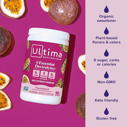 Ultima Replenisher Daily Electrolyte Drink Mix – Passionfruit, 90 Servings – Hydration Powder with 6 Key Electrolytes & Trace Minerals – Keto Friendly, Non- GMO & Sugar-Free Electrolyte Powder