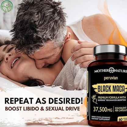Mother Nature Black Maca Root Capsules – 50:1 37,500mg Peruvian Black Maca Root for Men, Women with Bioperine – Maca Root Capsules to Boost Stamina, Performance, Energy, Muscle Gain – 60-Count